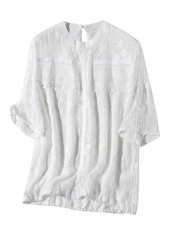 Plus Size White O-Neck Embroidered Ruffled Silk Shirts Short Sleeve
