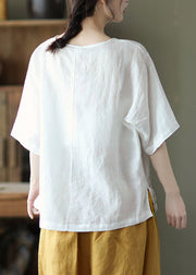 Weißes Leinen-T-Shirt mit O-Ausschnitt und halbem Ärmel in Übergröße