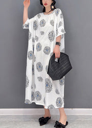 Plus Size White O-Neck Print Long Dress Half Sleeve