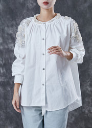 Plus Size White Oversized Nail Bead Cotton Shirts Spring