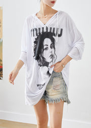 Plus Size White Oversized Print Cotton Pullover Streetwear Fall