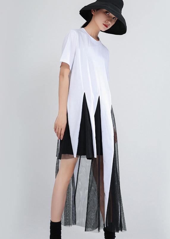 Plus Size White Patchwork Lace Summer Cotton Dress - SooLinen