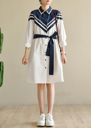 Plus Size White Patchwork Peter Pan Collar Cotton Long sleeve Spring Dresses - SooLinen