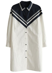 Plus Size White Patchwork Peter Pan Collar Cotton Long sleeve Spring Dresses - SooLinen