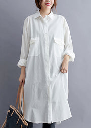 Plus Size White Peter Pan Collar Button Patchwork Cotton Shirts Dress Fall