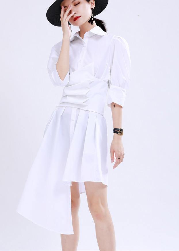Plus Size White Peter Pan Collar Mid Summer Cotton Dress - SooLinen