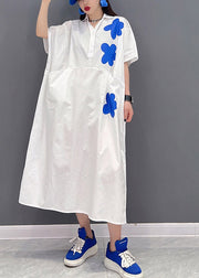 Plus Size White Peter Pan Collar Print Long Dresses Short Sleeve