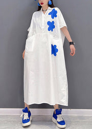Plus Size White Peter Pan Collar Print Lange Kleider mit kurzen Ärmeln