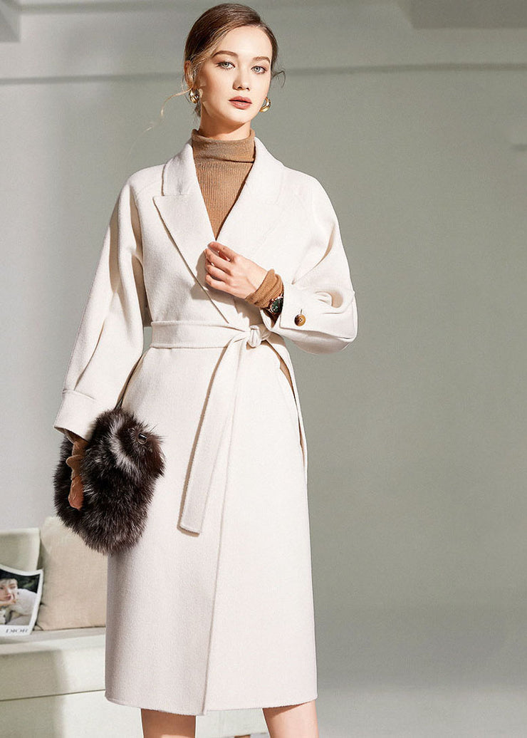Plus Size White Peter Pan Collar Sashes Solid Woolen Wrap Coat Winter