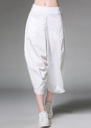 Plus Size White Pockets Patchwork Cotton Casual Harem Pants - SooLinen