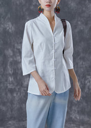 Plus Size White Stand Collar Button Cotton Shirt Tops Bracelet Sleeve