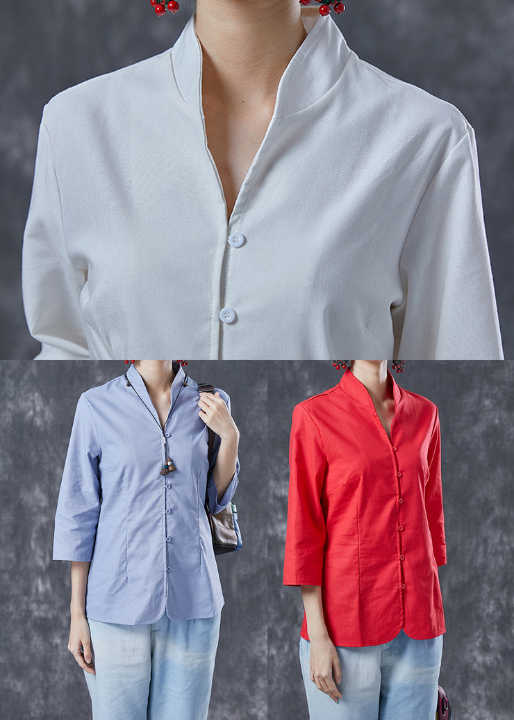 Plus Size White Stand Collar Button Cotton Shirt Tops Bracelet Sleeve