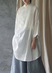 Plus Size White Stand Collar Lace Up Cotton Shirt Dress Bracelet Sleeve