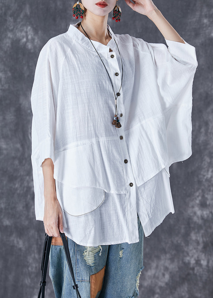 Plus Size White Stand Collar Patchwork Linen Shirt Tops Batwing Sleeve