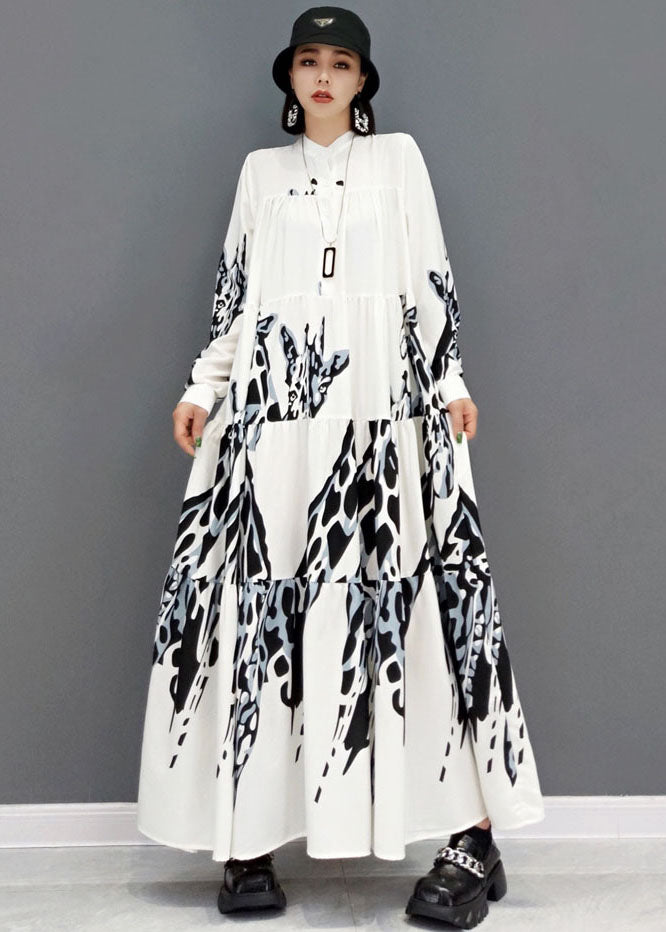 Plus Size White Stand Collar Print Pleated Long Dresses Long Sleeve
