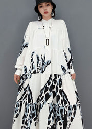 Plus Size White Stand Collar Print Pleated Long Dresses Long Sleeve