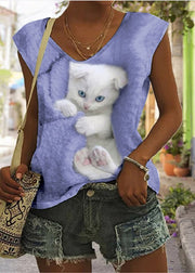 Plus Size White V Neck Little Rabbit Print Vest Summer