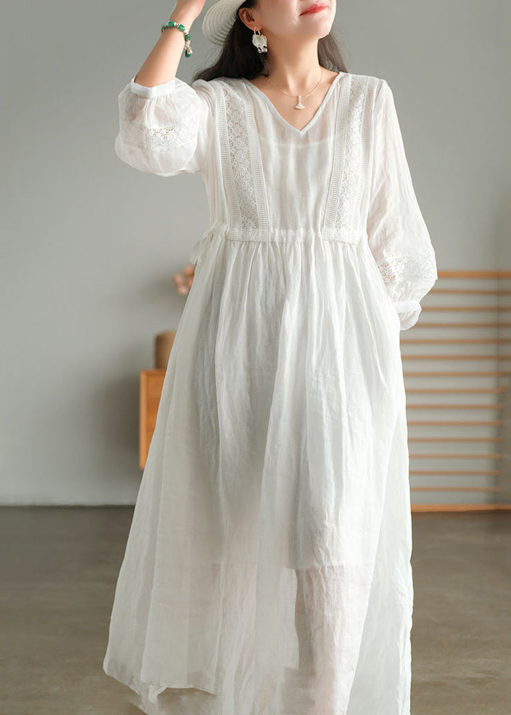 Plus Size White Wrinkled Embroidered Patchwork Linen Holiday Dress lantern sleeve