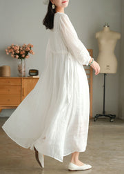 Plus Size White Wrinkled Embroidered Patchwork Linen Holiday Dress lantern sleeve