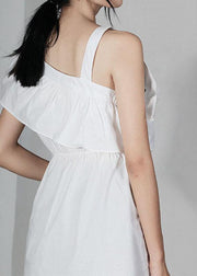 Plus Size White asymmetrical design Cold Shoulder Ruffles Summer Shirt Top - SooLinen