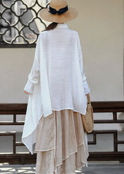 Plus Size Weißes asymmetrisches Design Bubikragen Leinen Langarmhemd Langarm