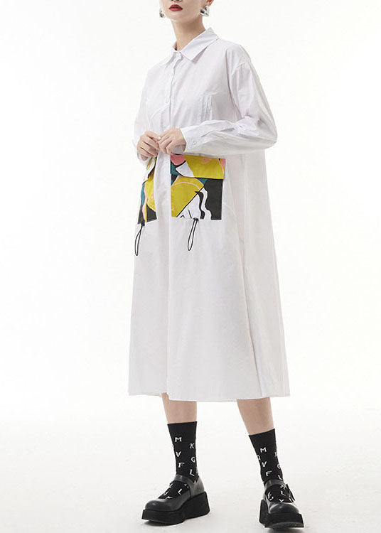 Plus Size White wrinkled Peter Pan Collar pockets print shirt Dresses Spring