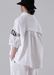 Plus Size White zippered Cotton Blouse Tops Summer - SooLinen