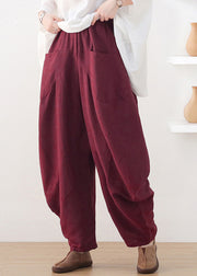 Plus Size Wine Red Pockets Wide Leg Pants Fall