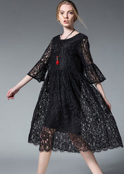Plus Size Women Black Hollow Out Lace Dress Spring