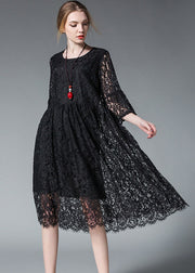 Plus Size Women Black Hollow Out Lace Dress Spring