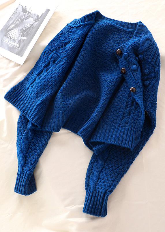 Plus Size Women Blue Button Knit Sweater Coat Spring