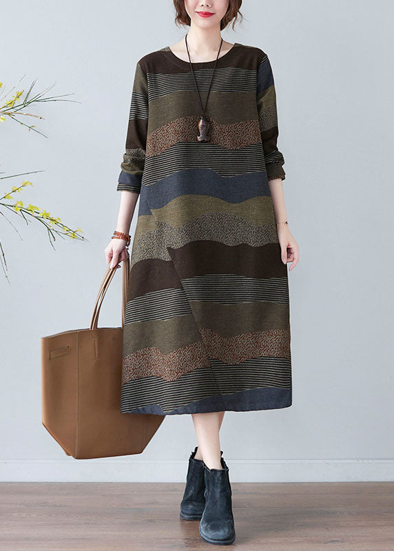 Plus Size Women Coffee O-Neck Print Dress Spring