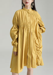Plus Size Yellow Asymmetrical Patchwork Cotton Shirts Dress Fall