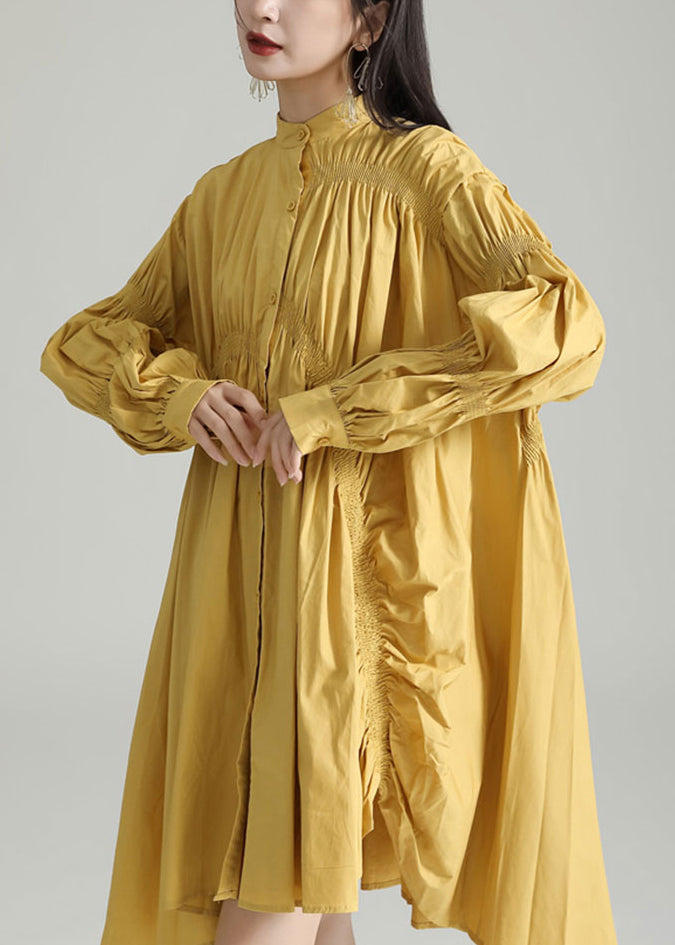 Plus Size Yellow Asymmetrical Patchwork Cotton Shirts Dress Fall