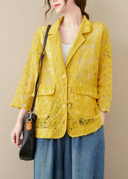 Plus Size Yellow Button Peter Pan Collar Lace Coat Long Sleeve