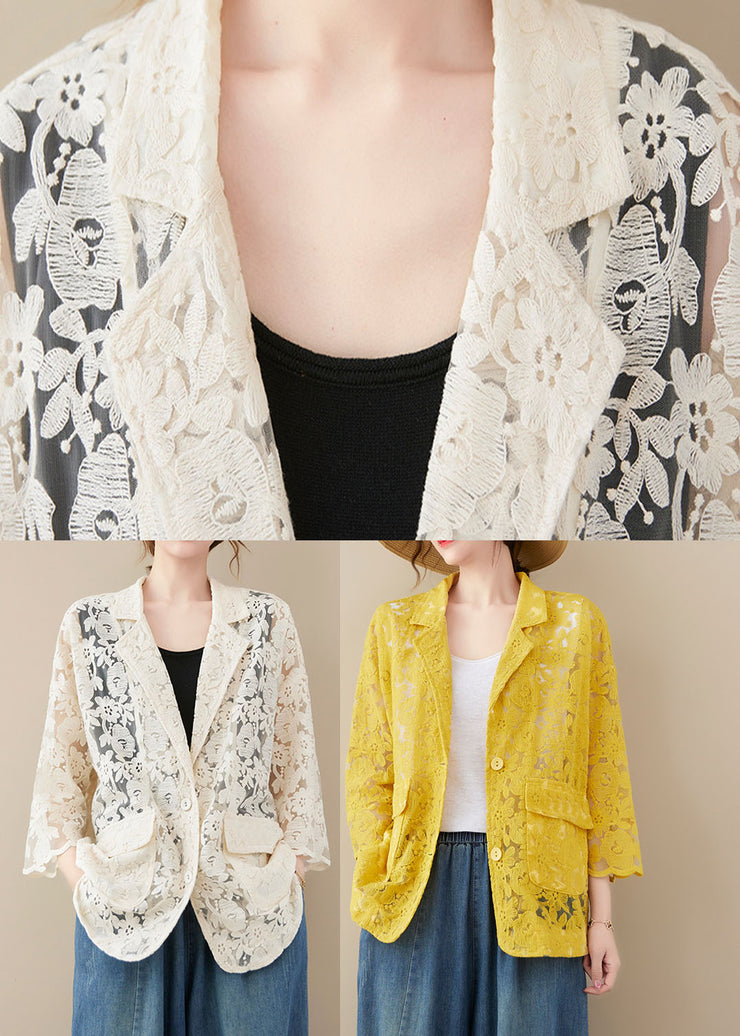 Plus Size Yellow Button Peter Pan Collar Lace Coat Long Sleeve