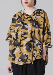 Plus Size Yellow Camouflage hooded Cotton Summer Blouses - SooLinen