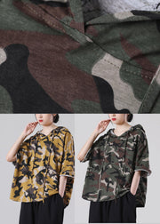 Plus Size Yellow Camouflage hooded Cotton Summer Blouses - SooLinen