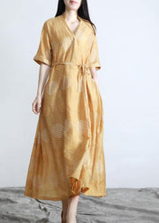 Plus Size Yellow Dot tie waist Dress Summer Dress - SooLinen