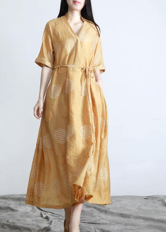 Plus Size Yellow Dot tie waist Dress Summer Dress - SooLinen
