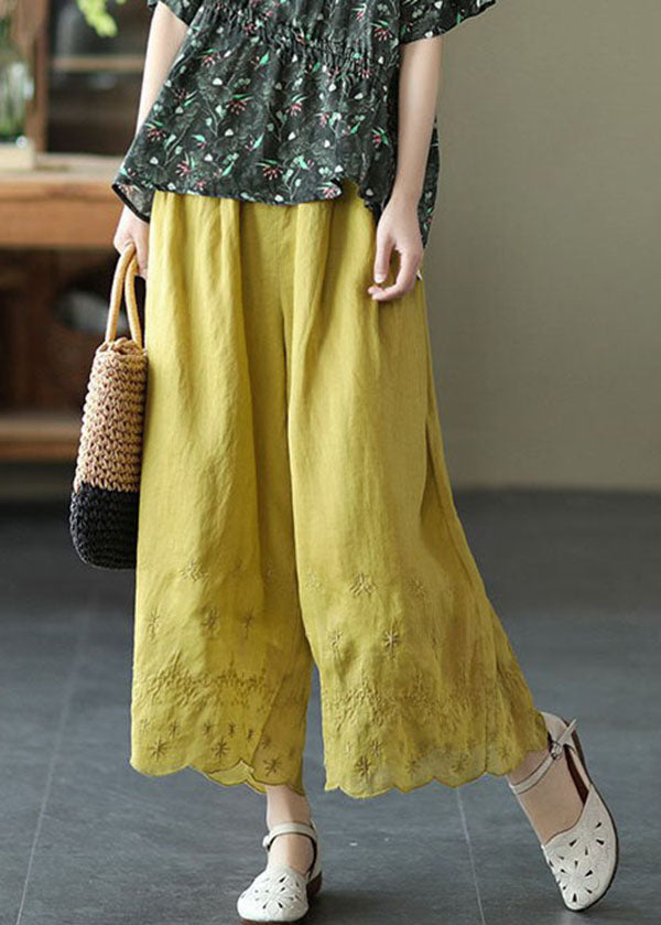 Plus Size Yellow Elastic Waist Embroidered Linen Crop Pants Summer