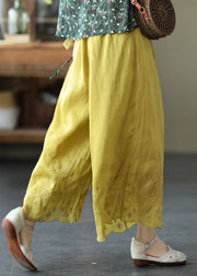 Plus Size Gelbe, elastische Taille, bestickte Leinenhose, Sommer