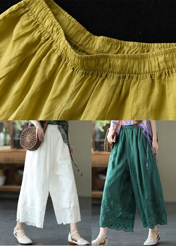 Plus Size Yellow Elastic Waist Embroidered Linen Crop Pants Summer