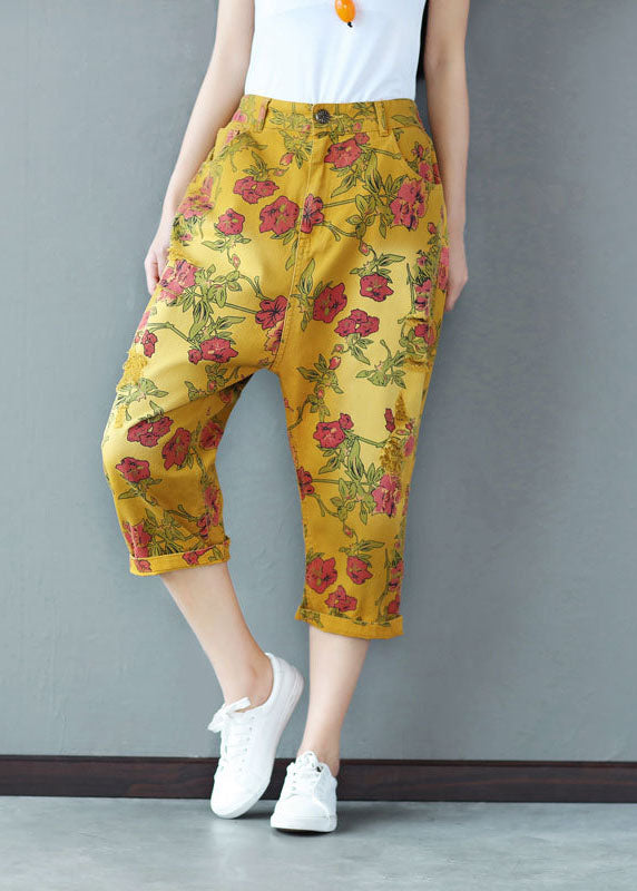 Plus Size Yellow Elastic Waist Print Cotton Harem Pants Spring