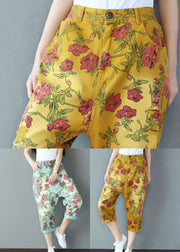 Plus Size Yellow Elastic Waist Print Cotton Harem Pants Spring
