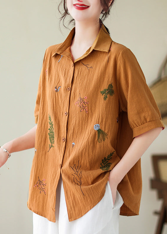 Plus Size Yellow Embroidered Cotton Blouse Top Summer