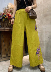 Plus Size Yellow Embroidered Linen Wide Leg Pants Summer