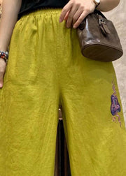 Plus Size Yellow Embroidered Linen Wide Leg Pants Summer