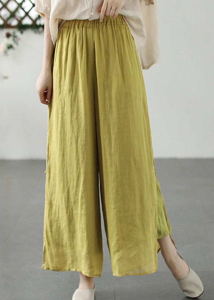 Plus Size Yellow Embroidered Patchwork Linen Wide Leg Pants Summer