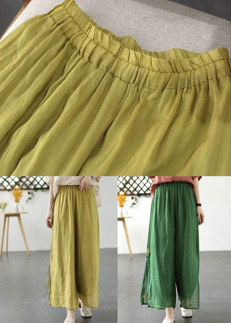 Plus Size Yellow Embroidered Patchwork Linen Wide Leg Pants Summer